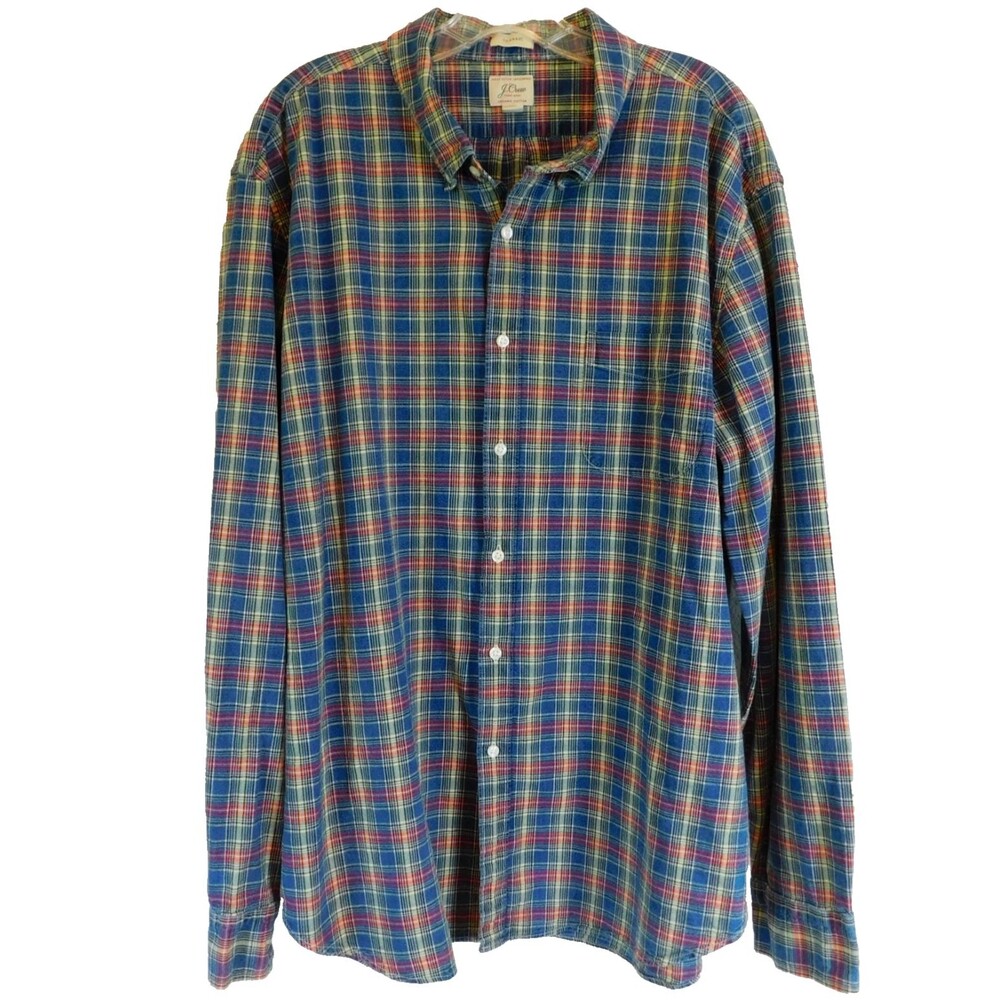 J Crew Mens Shirt Organic Cotton Plaid Blue Denim Button Up Long Sleeve XXL EUC!